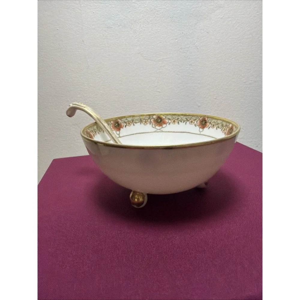 Antique Nippon Porcelain Hand Painted Footed Condiment Bowl with Matching Ladle